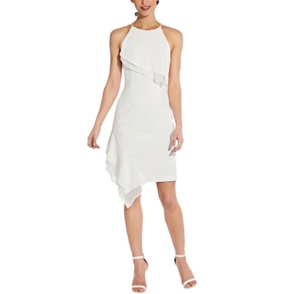 Adrianna Papell Asymmetrical-Hem Halter Midi Dress, Size 2, ivory, New with Tags
